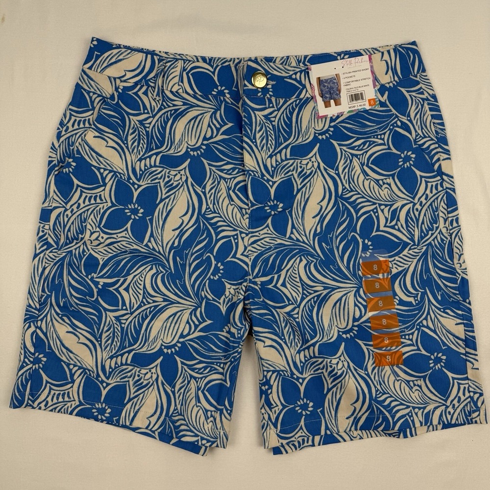 Stella Parker Woman's Shorts 8 Stretch Blue White Floral Tropical Hawaii NEW $46